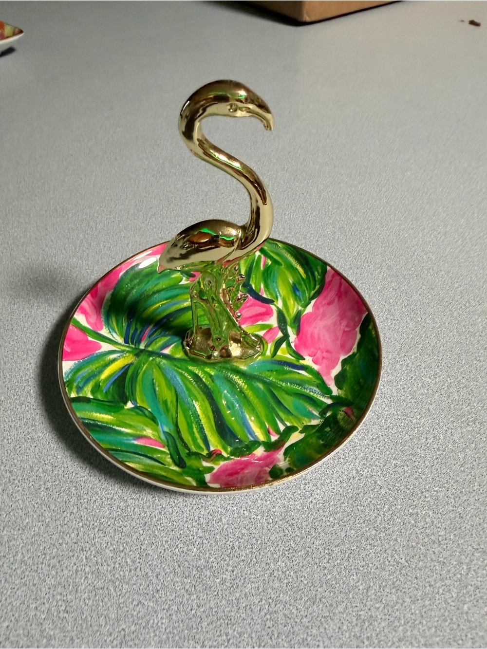 Lilly Pulitzer Gold Flamingo Jewelry Ring Dish with Tropical Pink & Green Print